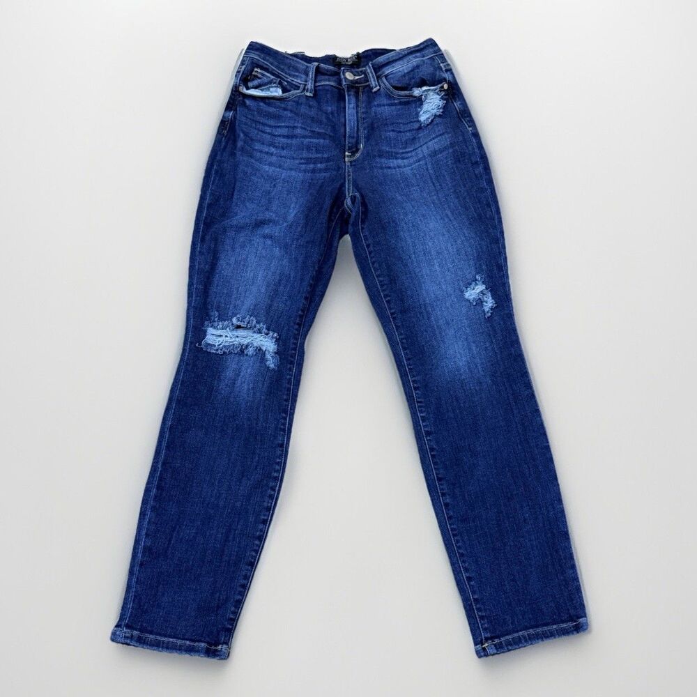 Judy Blue Jeans Womens 5/27 Boyfriend Fit Distressed Dark Wash Denim